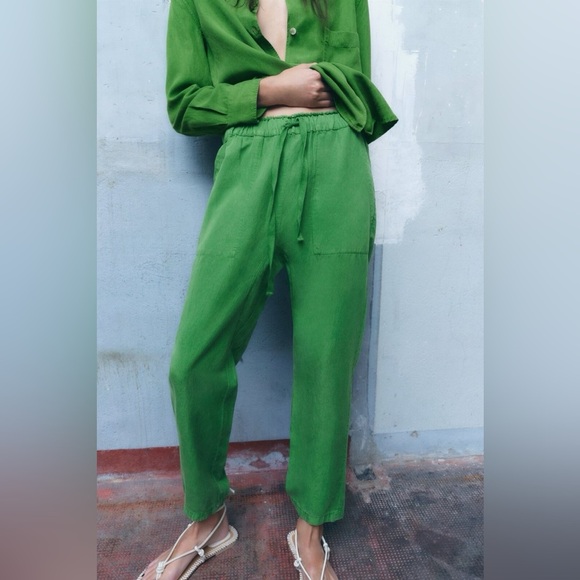 Zara linen pants straight leg high rise pockets drawstring lime green 4043/042 - Picture 1 of 11